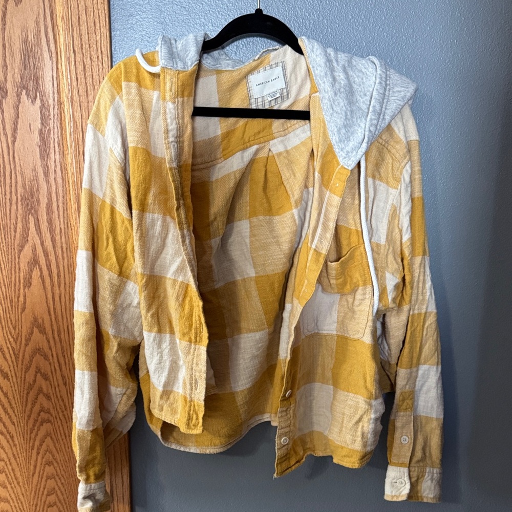 American Eagle Outfitters Yellow and Cream Plaid Hoodie